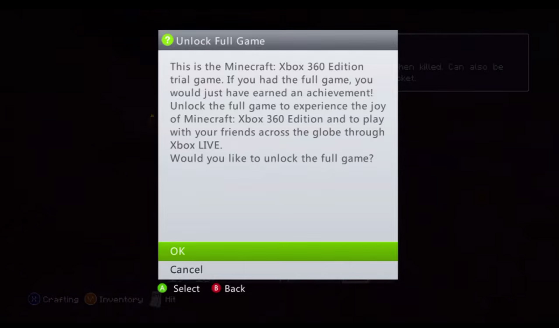 Minecraft Xbox 360 Edition Demo Unlock Screen XBLA