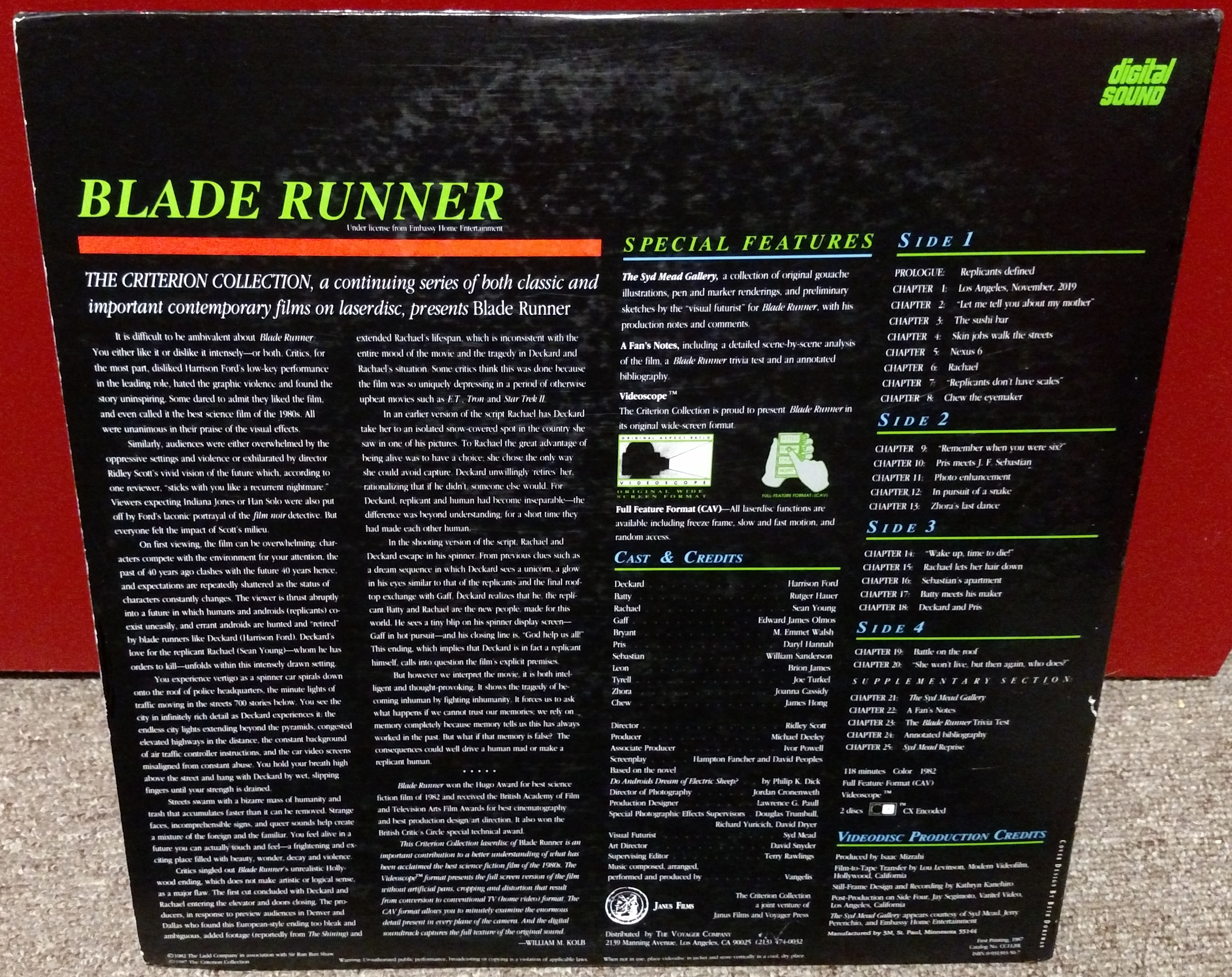 Blade Runner Laserdisc: Criterion 1987 (back)