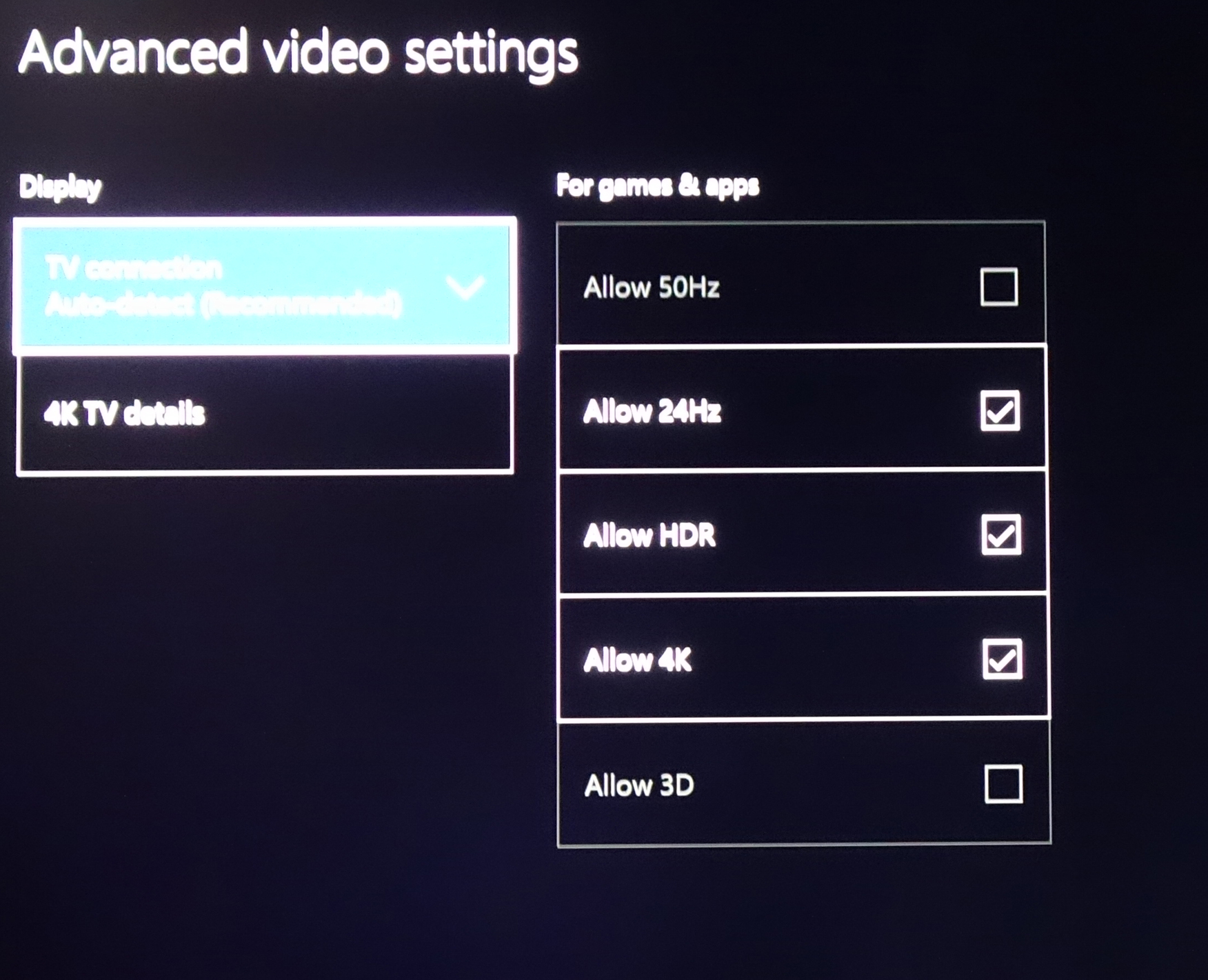 Xbox One S Advanced video settings