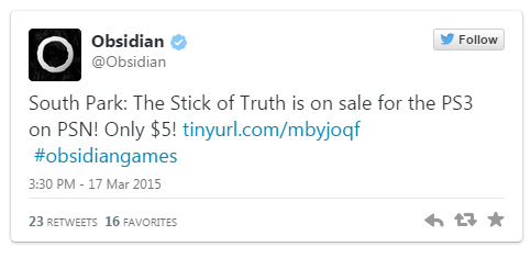 South Park: The Stick of Truth $5 sale tweet