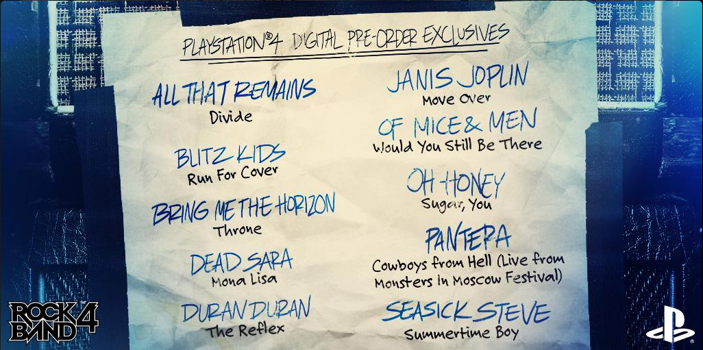 Rock Band 4 digital preorder PS Plus preorder tracks